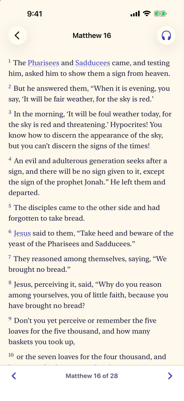 The Bible tab in Heavenward: a chapter with a highlighted verse and tappable names.